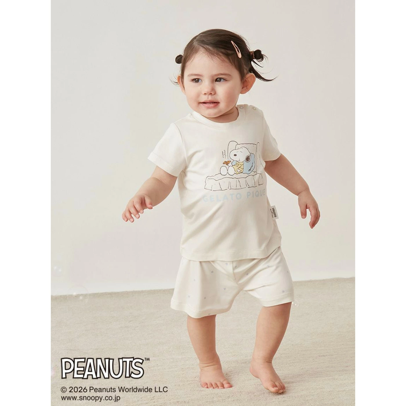 ジェラートピケ PEANUTS BABY 接触冷感Tシャツ＆ショートパンツ クリーム 着用