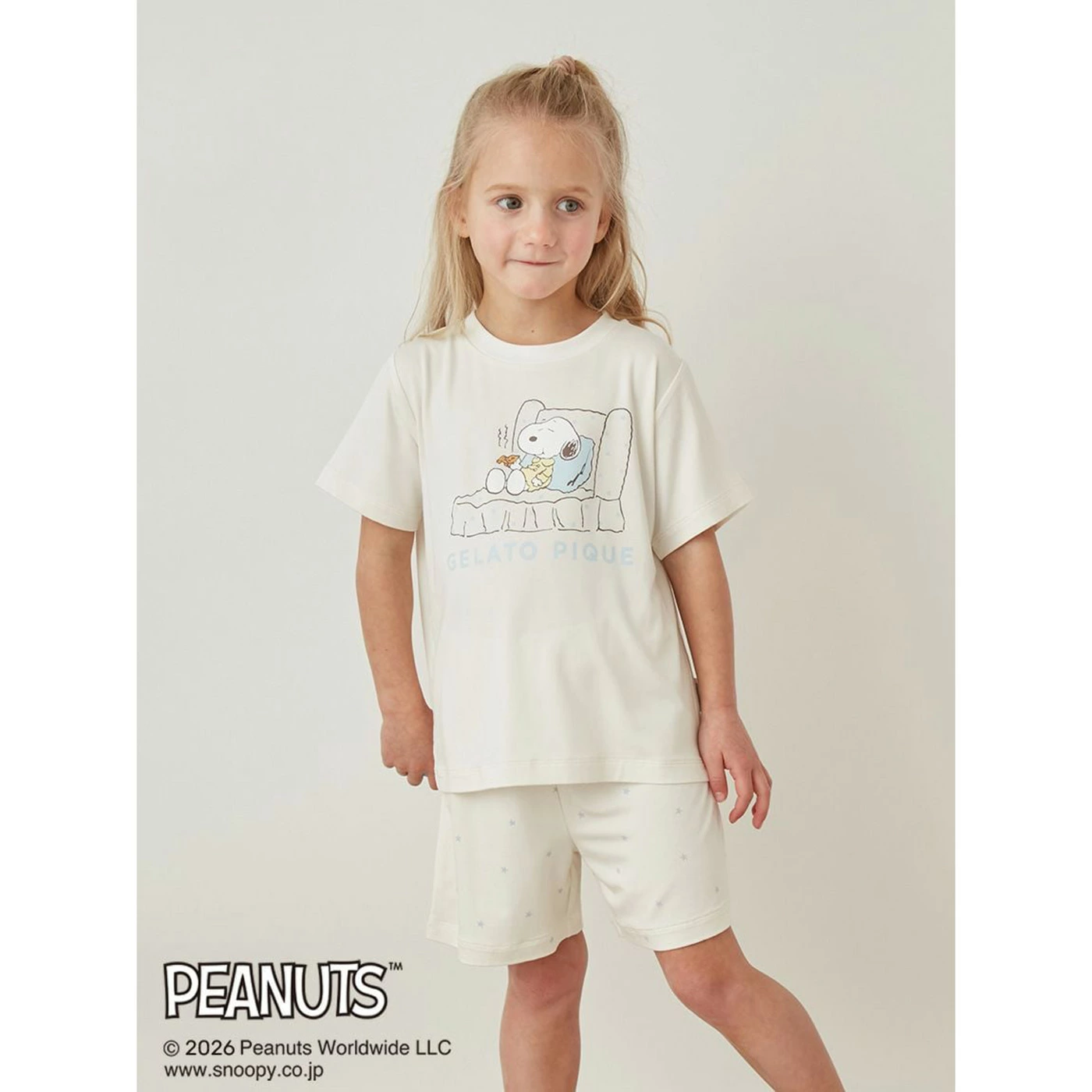 ジェラートピケ PEANUTS KIDS 接触冷感Tシャツ＆ショートパンツ クリーム 着用