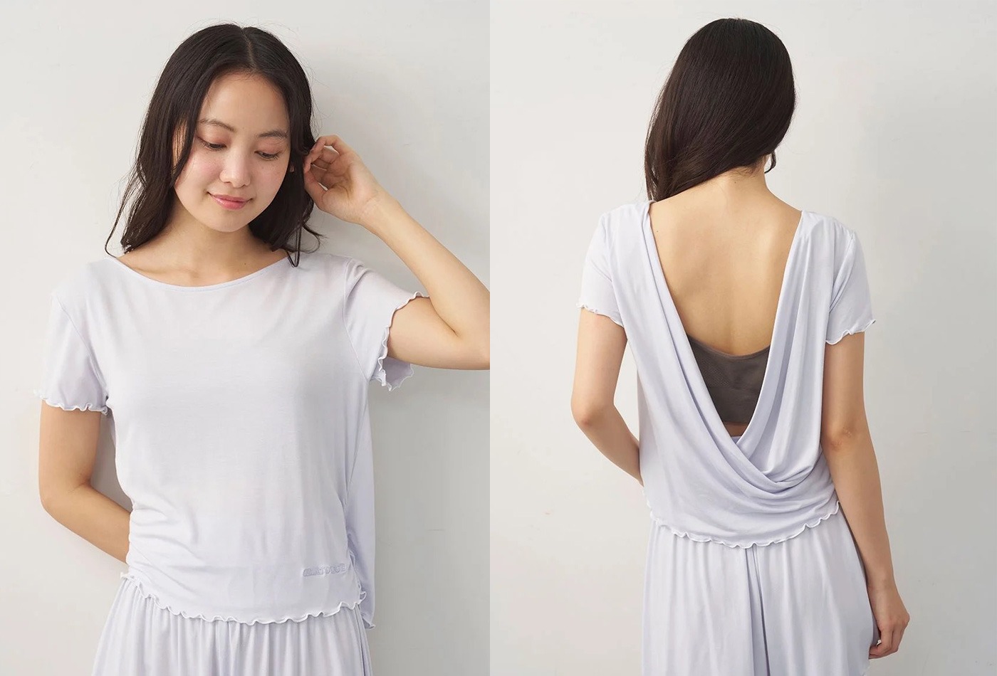 レーヨンギャザーTシャツの前後着用イメージ 背中のドレープデザイン
