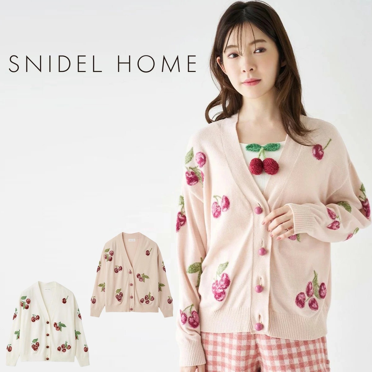 SNIDEL HOME チェリージャガードカーディガン WHTとPNK