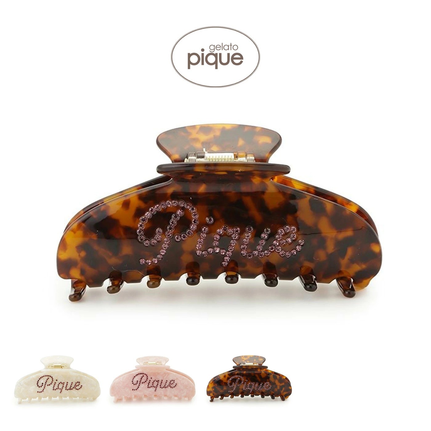 gelato pique ストーンロゴヘアクリップ ブラウンとオフホワイト・ピンクのカラー展開